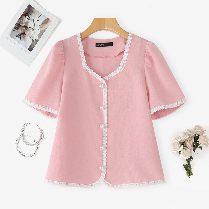 ZANZEA Women Casual Square Neck Summer Short Sleeve Splice Blouse