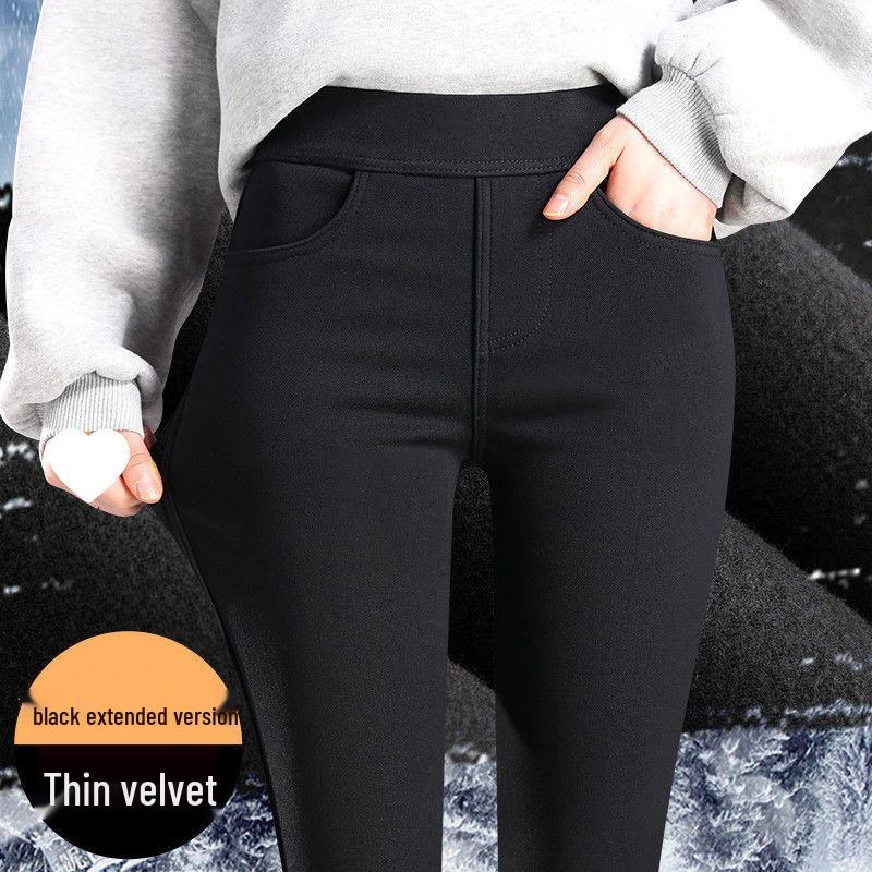 Women's Black Fleece-Lined Leggings - Thick, High Waist, Elastic Waistband, Slim Fit, Perfect for Autumn and Winter.