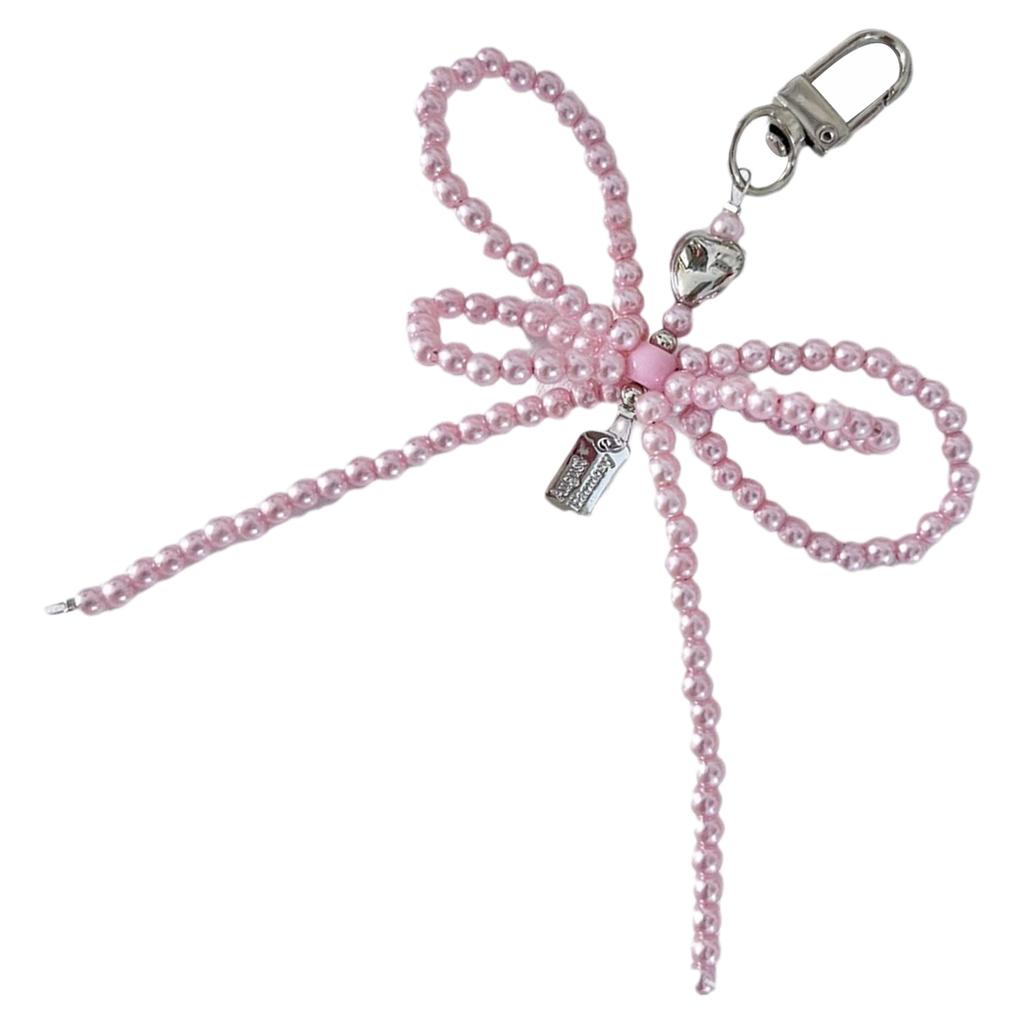 Elegant Bowknot Keychain Charm Silver Heart Pendant Woman Accessories Fashion Bag Charm Beaded Key Pendant for Key Bag