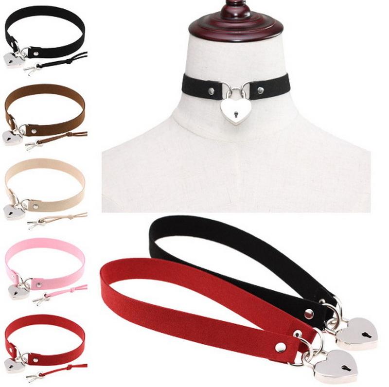 Choker Collar Necklace Openable Lover Heart Lock Key Padlock Charms PU Leather Punk Gothic Lolita Collar Necklaces Goth Jewelry Valentines Couple