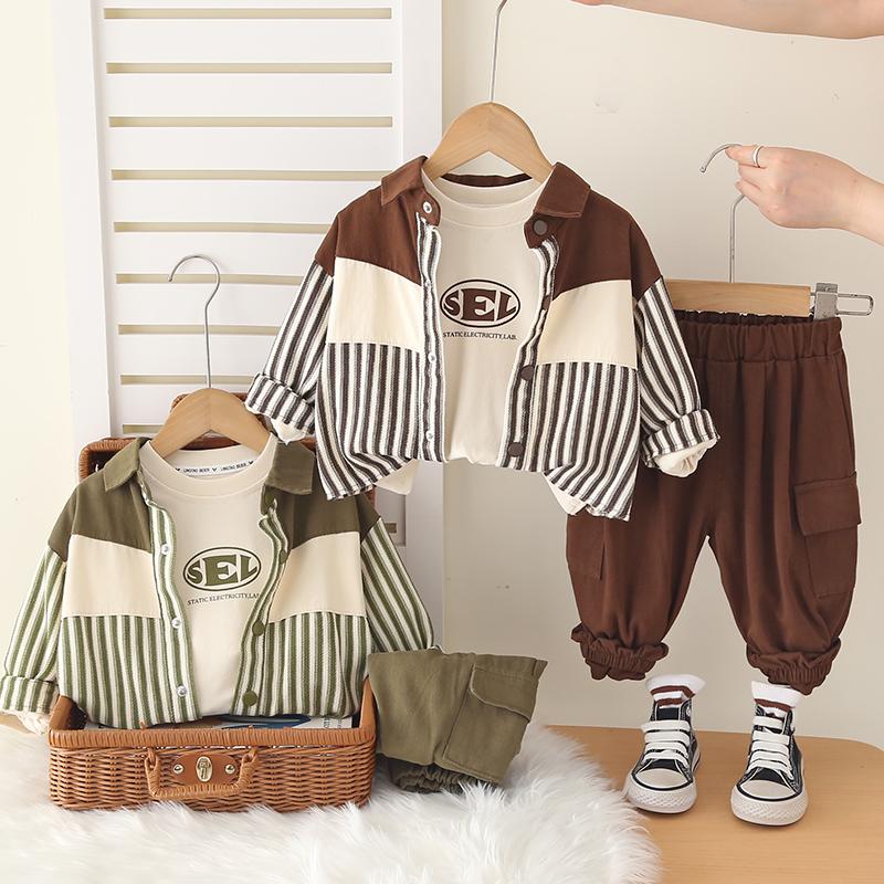 0-5-year-old boys' long sleeved 3-piece set, Children's fashionable striped jacket+letter printed T-shirt+casual pants set