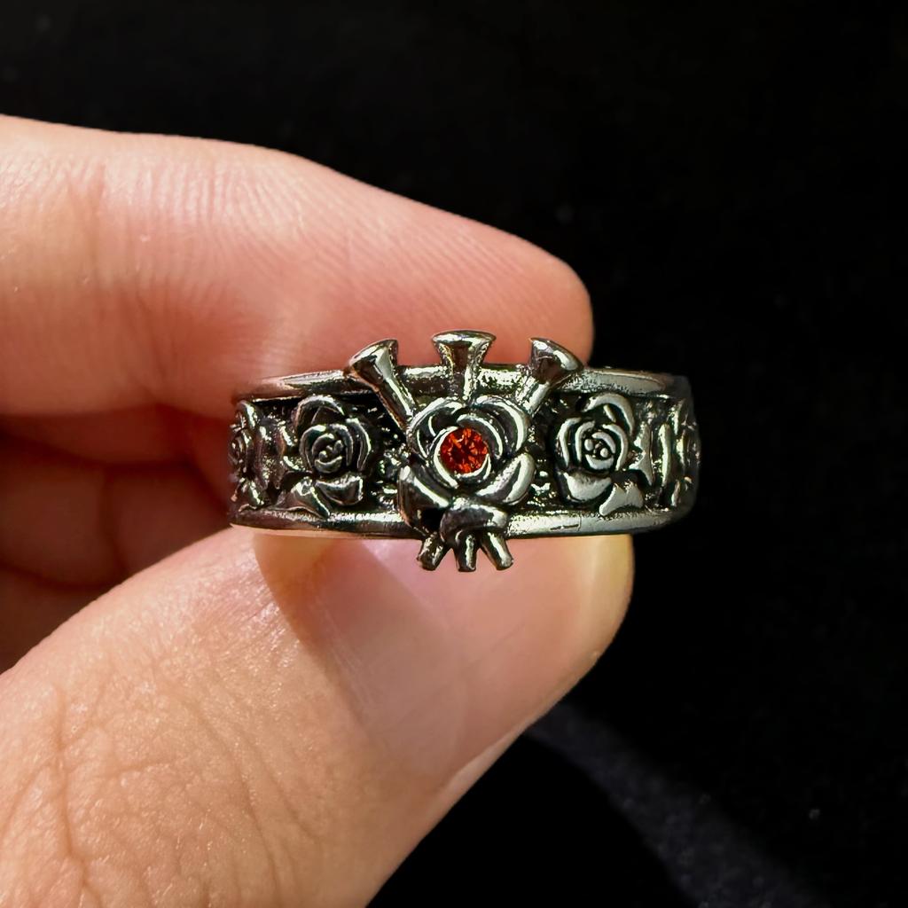 Retro Rose&Nails Adjustable Open Ring For Women Men Silver-plated Copper Punk Gothic Edgy  Unisex Flower Accessories Gift