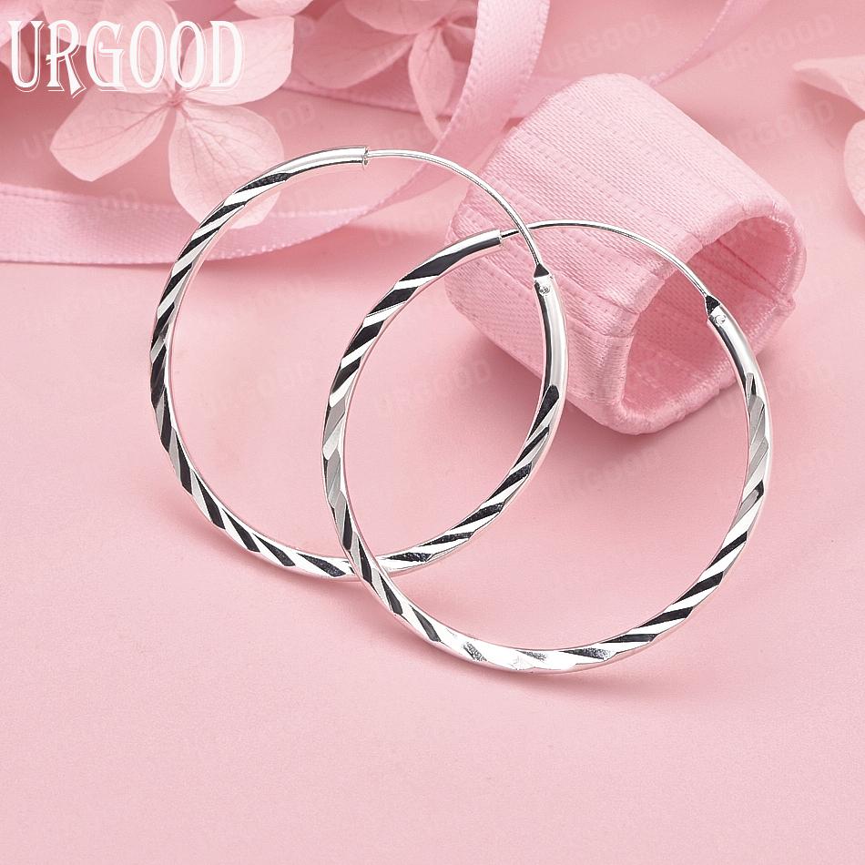 925 Sterling Silver Wedding Gift 35/50mm Circle Pierced Earrings Charming Jewelry