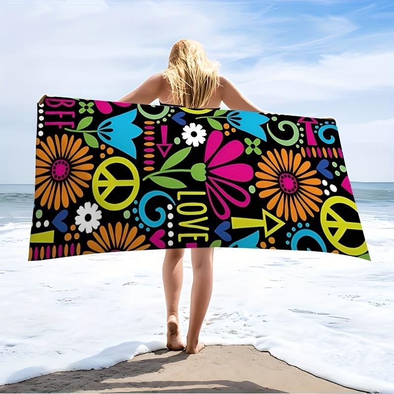 Bohemian Peace Sign Floral Print Beach Towel Quick Dry Absorbent Sandproof Lightweight for Travel Swimming Pool Hippie Style