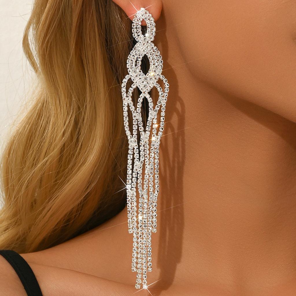 Long Tassel Earrings Full Of Diamonds, Super Flash, Light Luxury, High-End Studs, Fashion Style, Celebrity Party Exaggerated Earrings