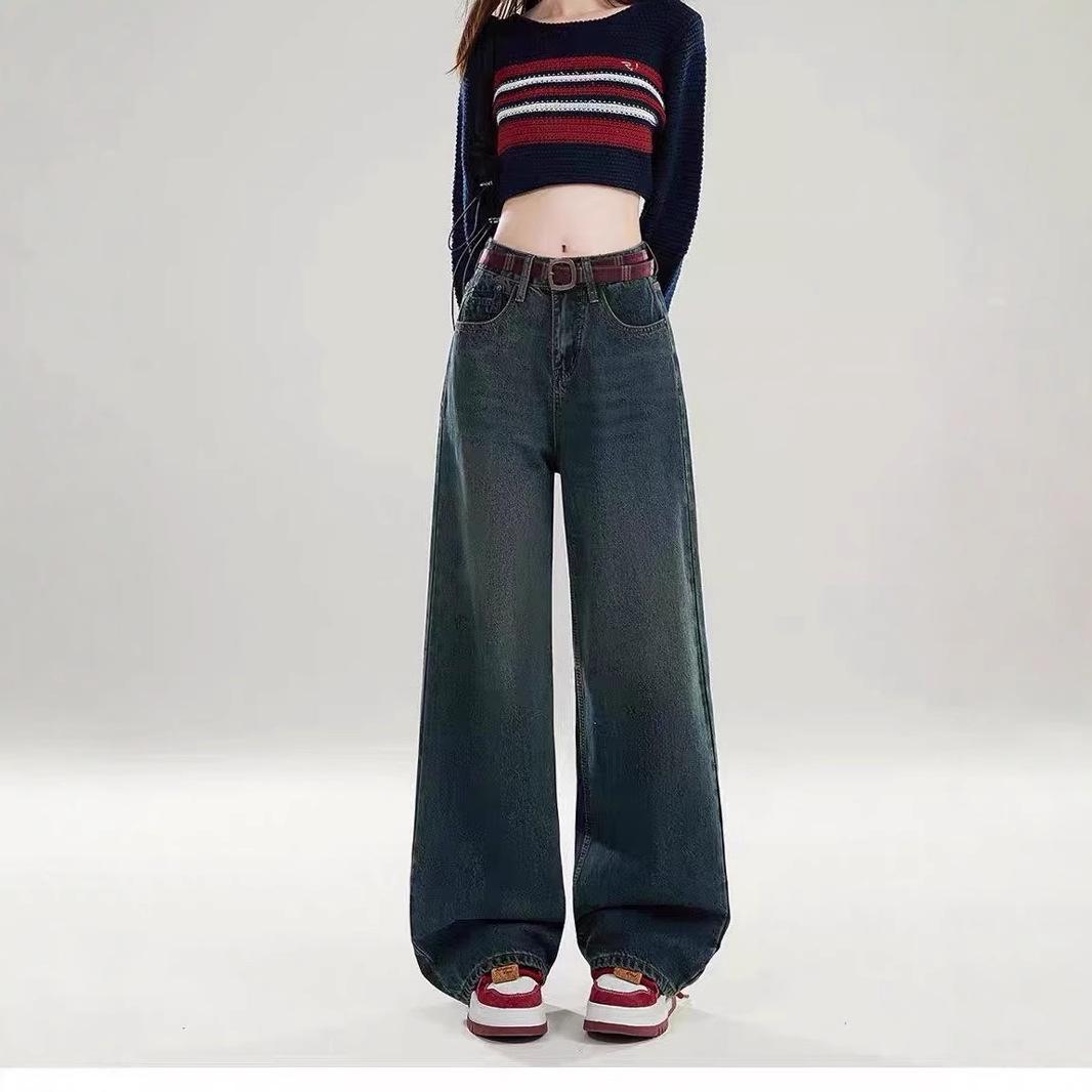 

American Retro Distressed Women s High Waist Red Plaid Pocket Wide Leg Jeans S