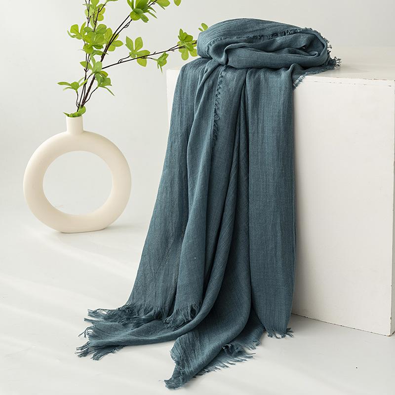 Gray Cotton and Linen Silk Scarf Solid Color Japanese Beach Silk Scarf Long High-end Shawl Retro Raw Edge Gauze Scarf