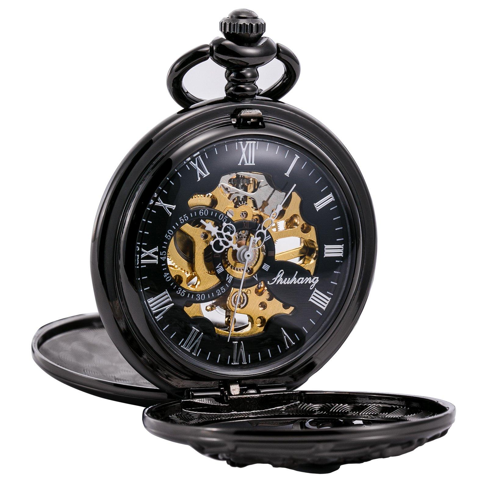 

Механічний кишеньковий годинник TREEWETO з ручним заводом, двосторонньою кришкою, ажурним скелетним дизайном «Дракон» та ланцюжком