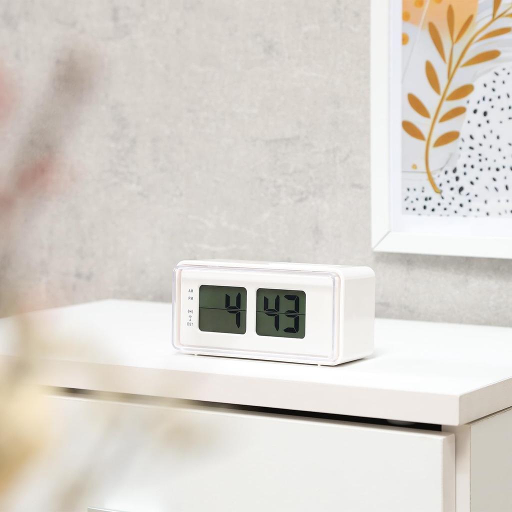 Fuji Boeki Table Clock, Radio-Controlled Digital Alarm Clock, Flip-Style, Snooze Alarm, Backlight, Retro Pop White 60694