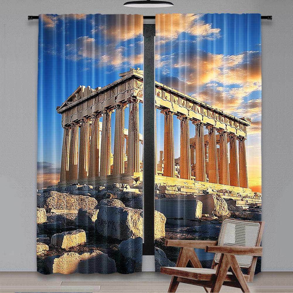 2Pcs Ancient Greek Curtain Temple In Athens Greece Window Drapes For Party Decorations Suitable For Bedroom Living Room A