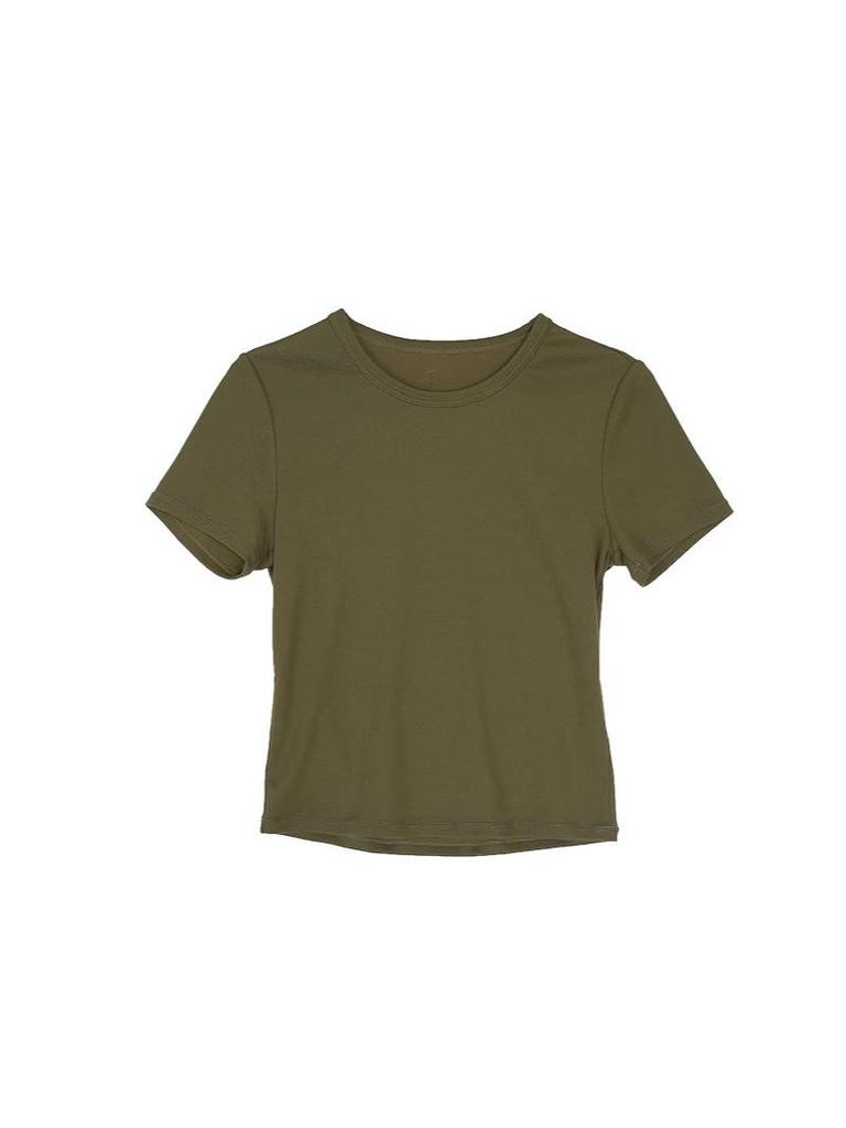 Women's Slimming Round Neck Olive Green Ribbed Cotton T-shirt