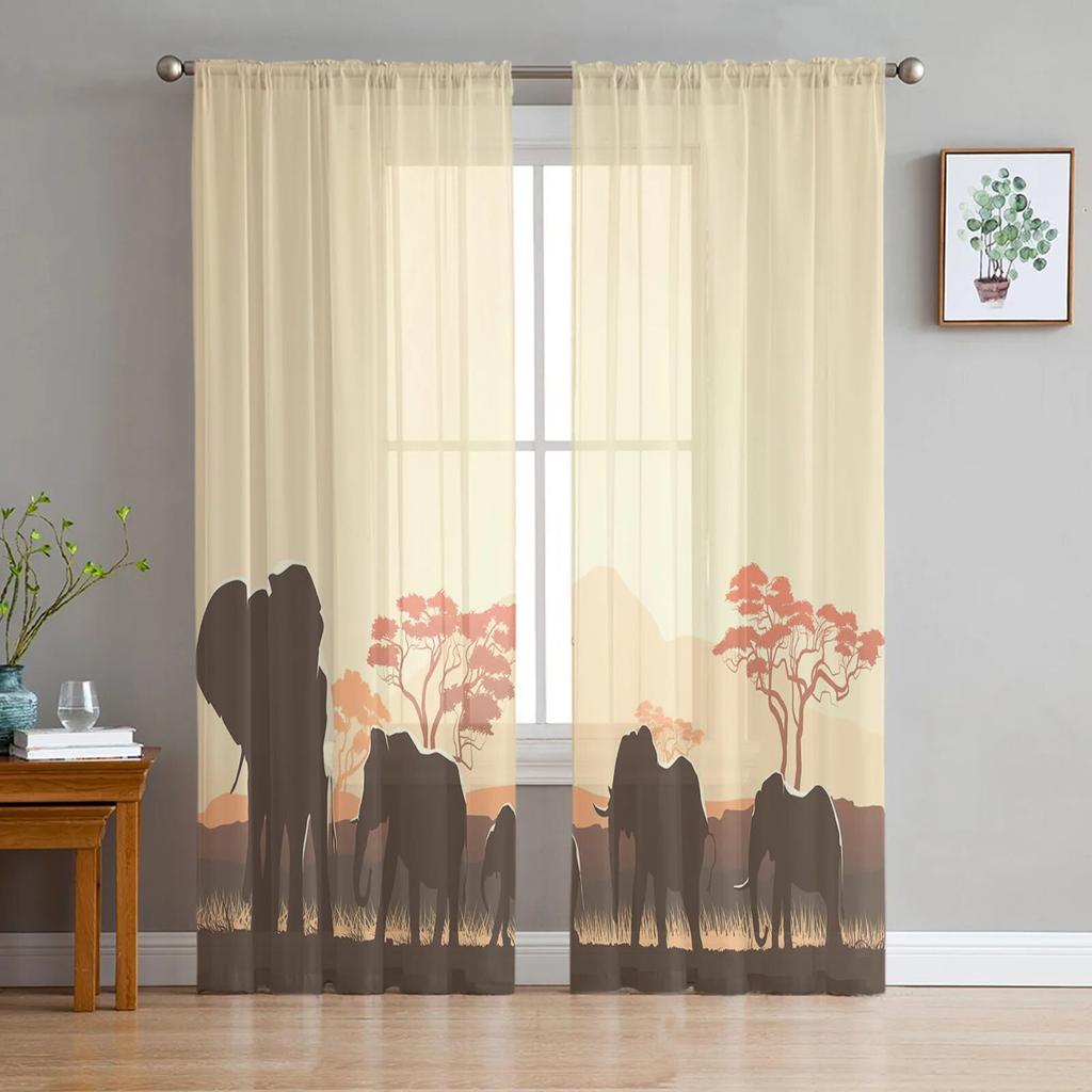 Tier-Elefant-Grasland-Tüllvorhänge für Wohnzimmer, Schlafzimmer, moderne, durchsichtige Chiffon-Küchenvorhänge