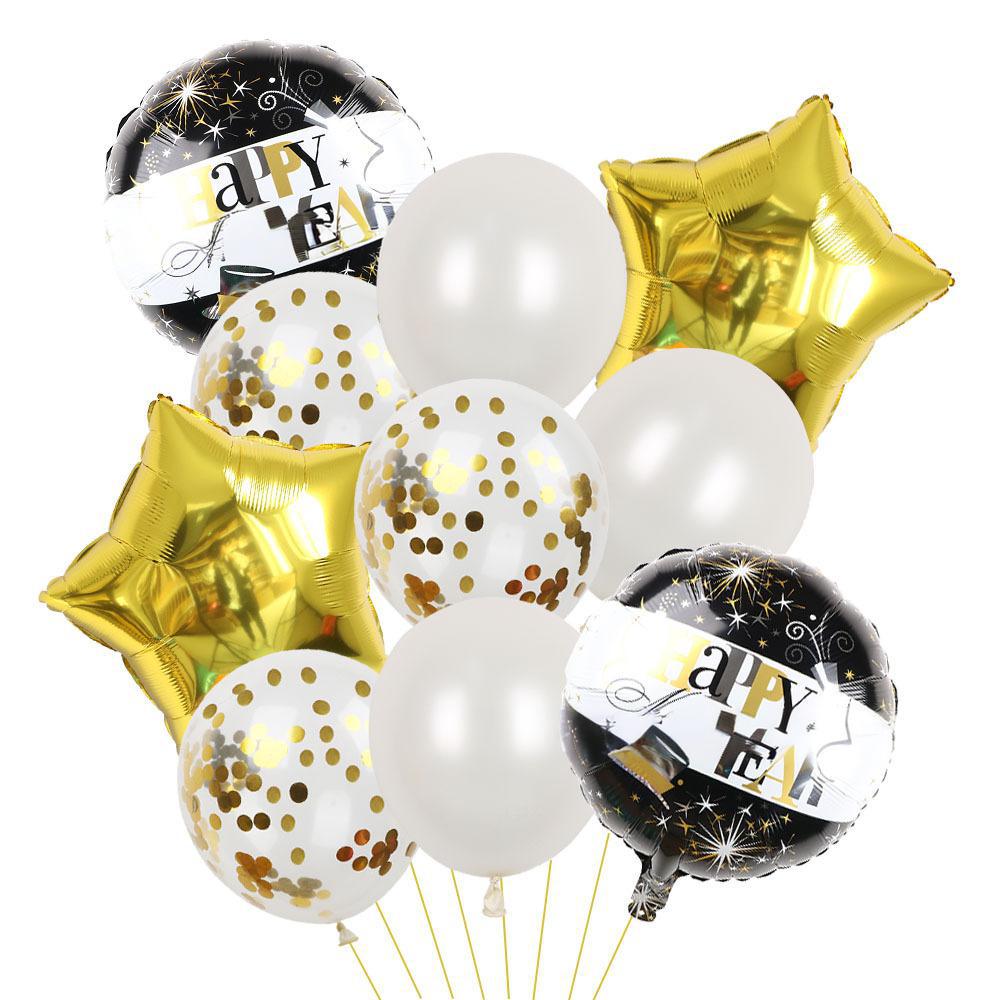 10-Piece New Year'S Theme Happy New Year Pink Rose Gold Aluminum Film Latex Pentagram Balloon Combination