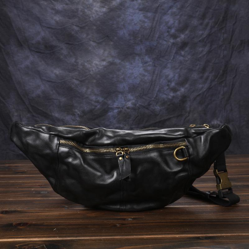 Real Leather Men's Large Chest Bag, Vegetable Tanned Leather Crossbody Bag, Top Layer Cowhide, Outdoor Leisure, Retro Pleated, Vintage Fashion