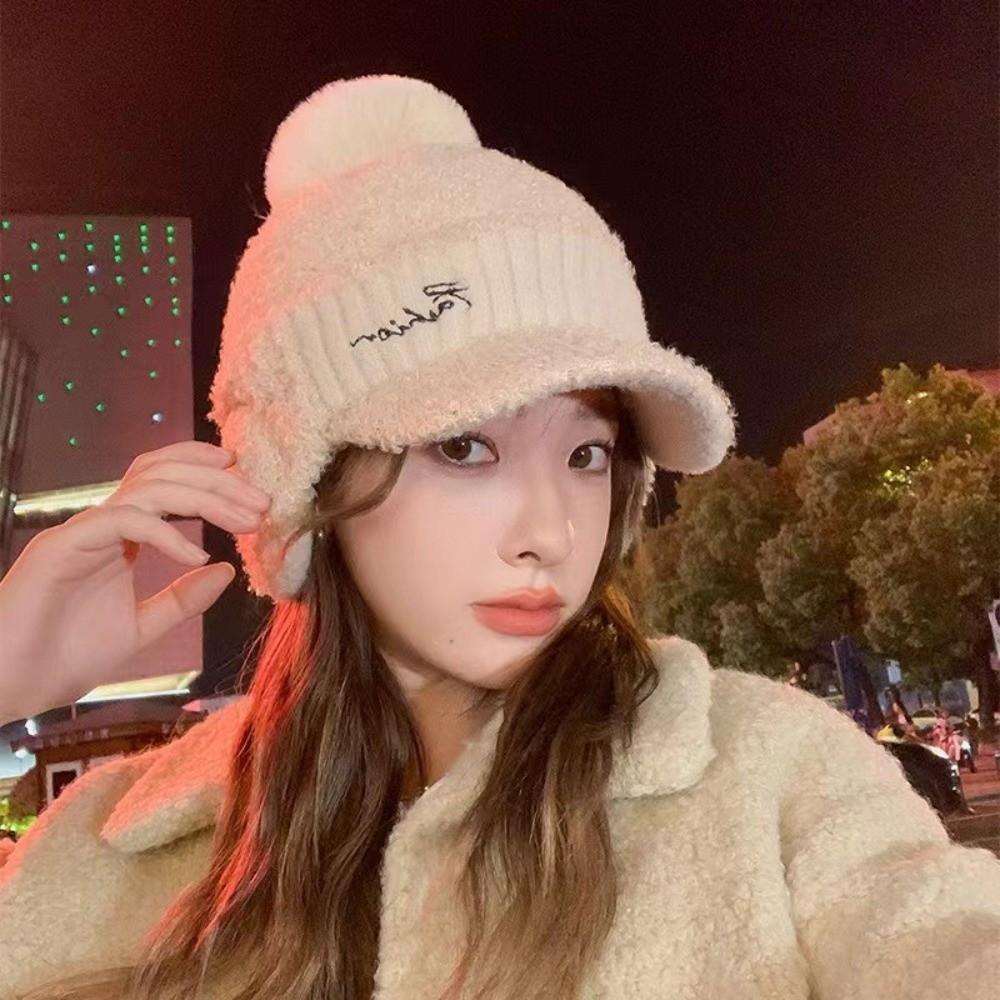 Windproof Knitted Baseball Cap Thermal Ear Flap Protection Hat Fashion Pompom Plush Beanie  Women