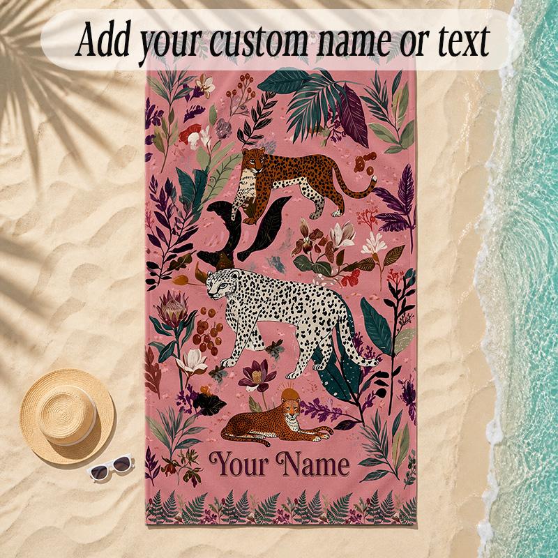 Leopard Theme Soft Beach Towel Personalized Custom Name Text Towel Portable for Beach Pool Travel