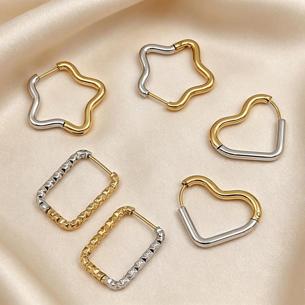 Stainless Steel Heart Hoop & Triangle Earrings with Five-Pointed Studs - Elegant Stackable Design