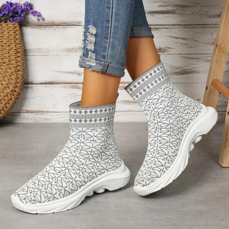 Fashion Fashion Chunky Platform Boots for Women  Autumn Slip-On Elastic Knitted Ankle Boots Woman Mid-calf Boots Sock Shoes 2024