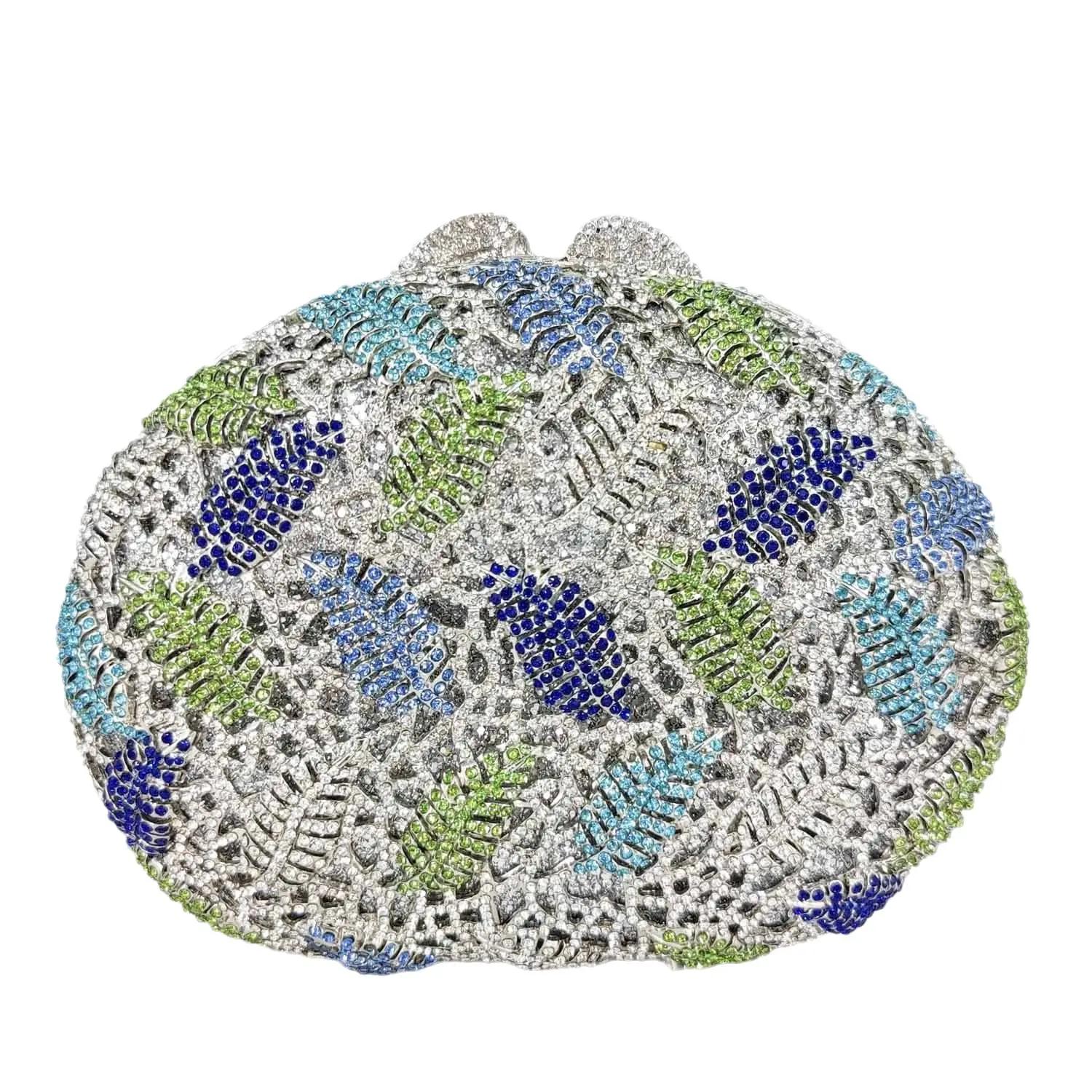 

Boutique De FGG Leaves Women Crystal Clutch Evening Handbags Party Gala Dinner Rhinestone Leaf Minaudiere Handbags and Purses Mini Size