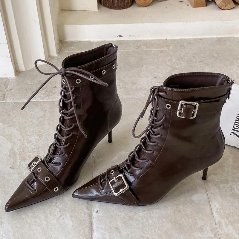 Eilyken New Sexy Thin Heels Cross Lace-up Women Ankle Boot Fashion Pointed Toe Zipper Party Dress Ladies Shoes