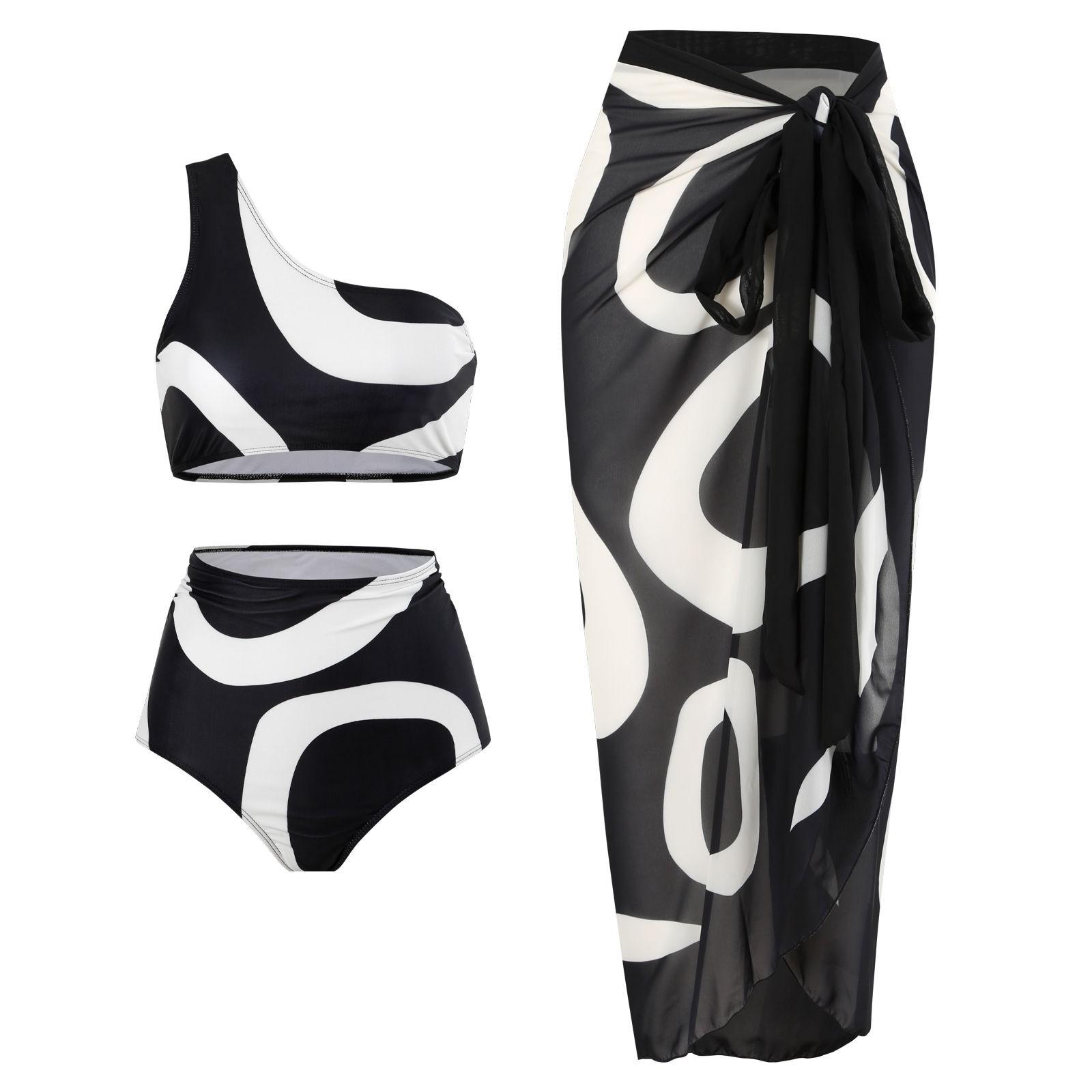 

Женский сексуальный приталенный комплект из трех частей с купальником с принтом и длинной юбкой L чёрный