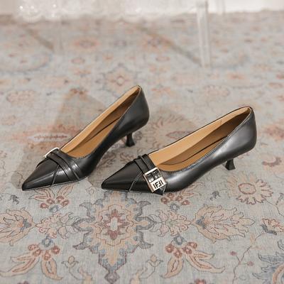 Retro Small Heel Single Shoes Women's Spring Summer New Belt Buckle Pointed Head Shallow Mouth Daily Commuting High Heels