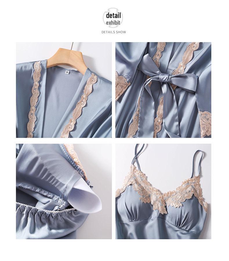 Women's Sexy Spring & Autumn Silk Pajamas 5-Piece Set: Thin Summer Ice Silk Nightdress & Robe with Chest Pad.