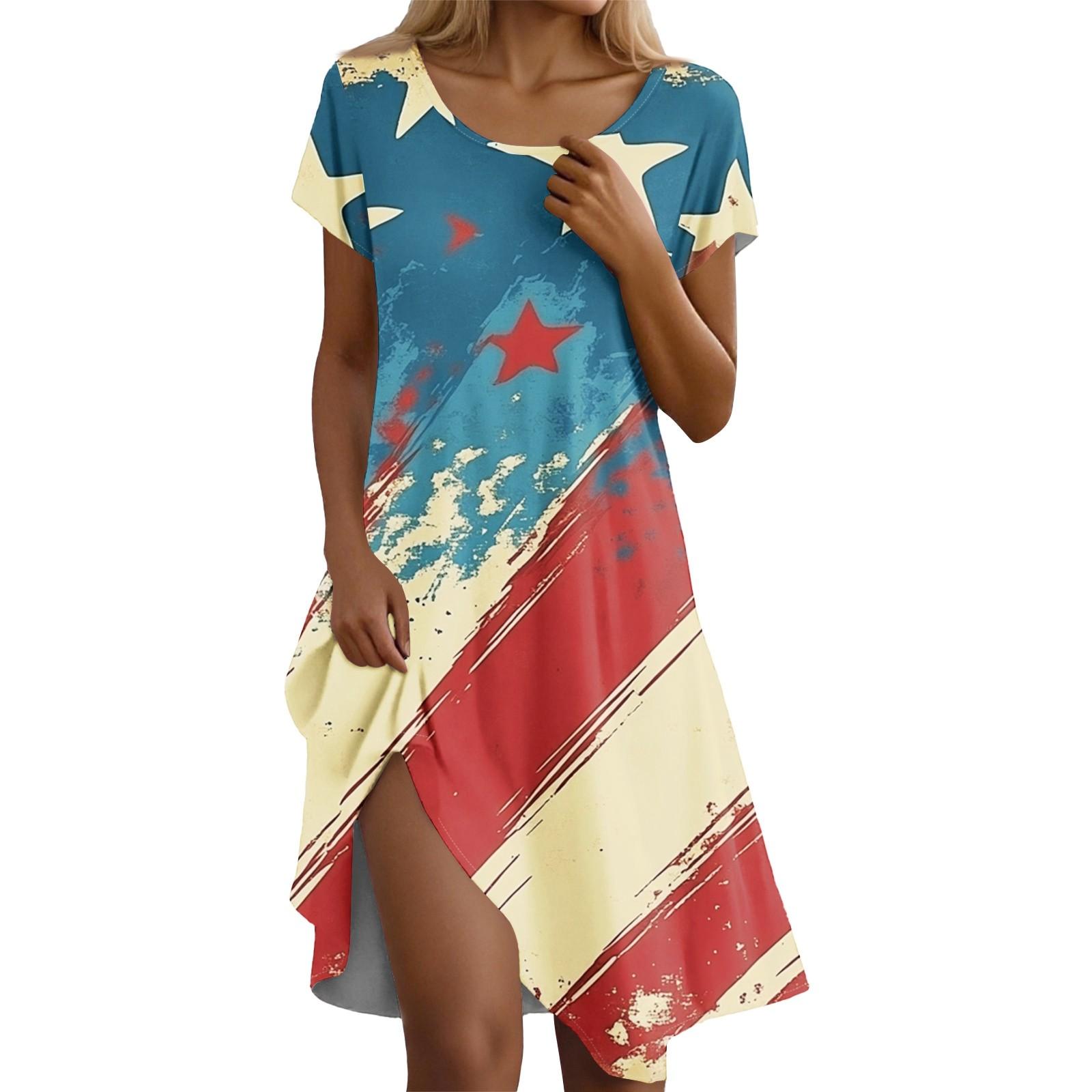 

Платье бохо с коротким рукавом для женщин, повседневное, свободного кроя, летний сарафан с принтом и карманами L синий