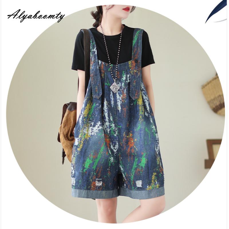 אוברול ג'ינס לנשים בסגנון קוריאני בסגנון כחול אופנתי מזדמן חליפות משחק משוחררות וינטג' רחב חורים קרועים רחב רגל קצר רומפרס