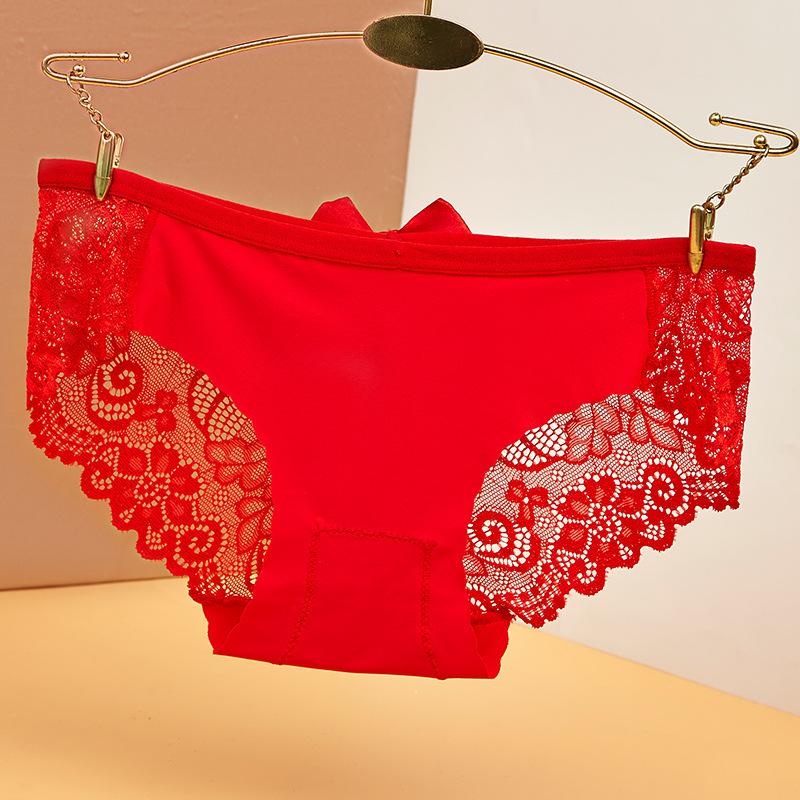 Women's Printed Ice Silk Underwear with No Trace Low Waist Bow Hollow Lace Triangle Pants