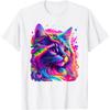 T-shirt Grafica Ritratto Gatto Psichedelico al Neon Girocollo Traspirante in Cotone da Uomo