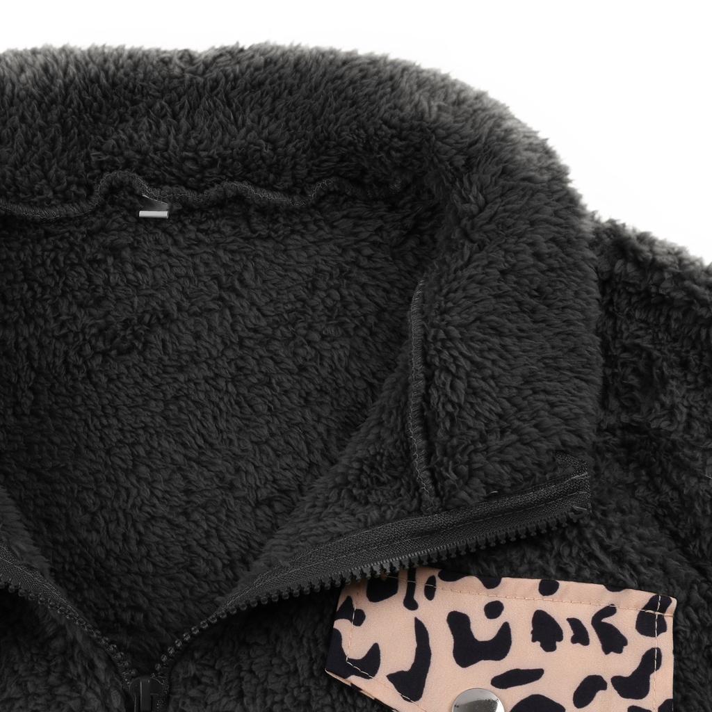 Women's Fashion Stand Collar Zipper Plush Jacket Leopard Print Stitching Loose Plush Sweater