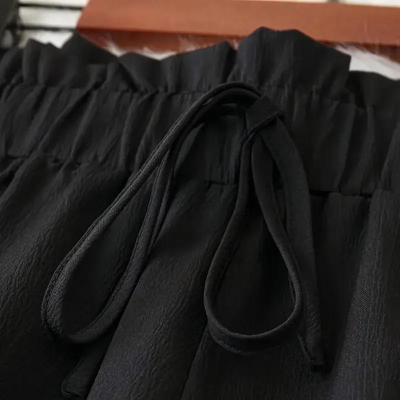 Plus Size Women Fashion Solid Color Wide Leg Pants Female Casual  Elegant Drawstring High Waisted Loose Long Trousers