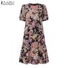 ZANZEA Women Casual Round Neck Short Sleeve Ethnic Print Loose Dress