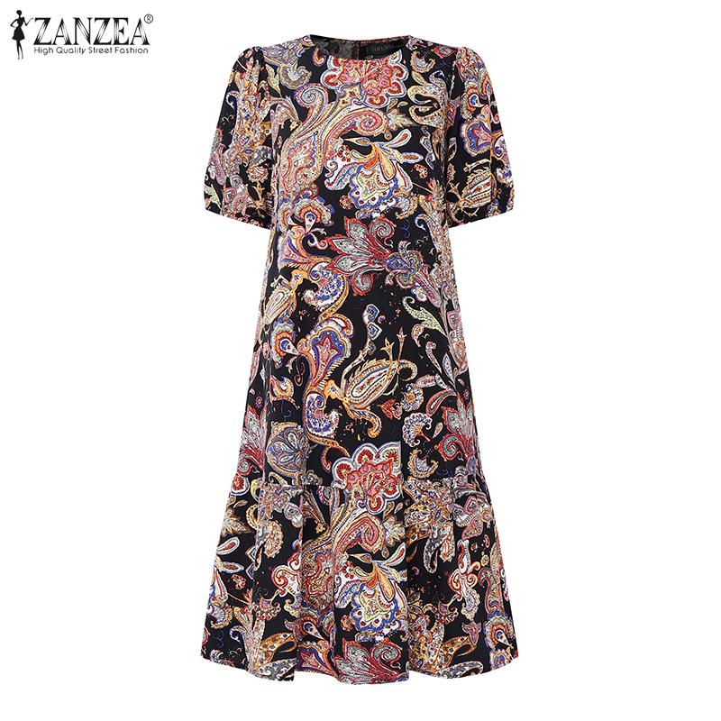 ZANZEA Women Casual Round Neck Short Sleeve Ethnic Print Loose Dress