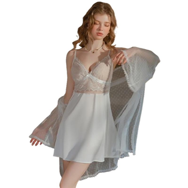 Women's Silky Satin Polka Dot Sheer Mesh Sleep Dress with Mesh Robe Lounge Set
