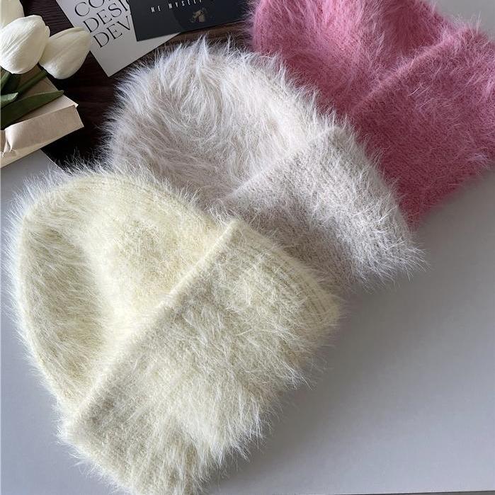 Women Winter Soft Faux Mink Fur Knitted Beanie, Japanese & Korean Style Warm Thick Cashmere-Like Rolled Edge Hat, Cozy Fluffy Purple Knit Cap