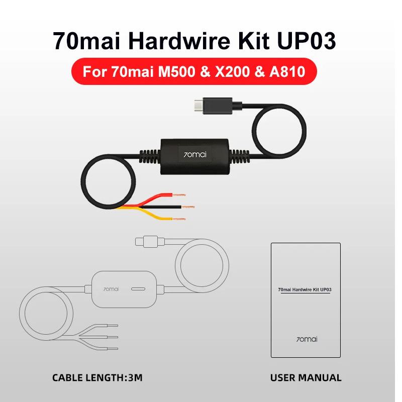 "70mai M800 X200 Step-down and A810 UP03 Parking Monitoring Line for M500 - Perfect for Safe Driving."