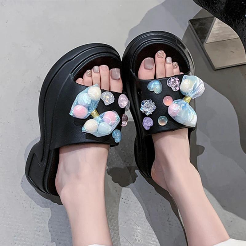 Fashion Fashion Colored Crystal Platform Slippers Women 2025 Summer Diy Thick Bottom Clogs Sandals Woman Non Slip Outdoor Slides Female