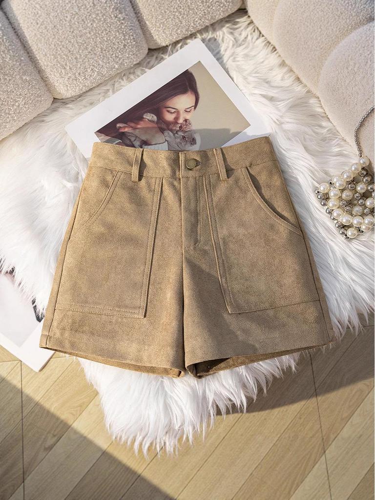 Women's 2025 Retro Suede Wide-Leg Shorts - Casual Winter Bootcut with Large Pockets