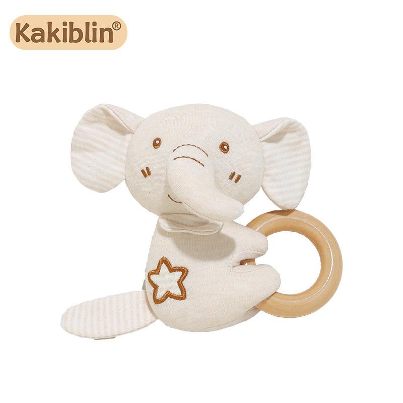 Organic Cotton Baby Teether & Rattle with Wooden Ring and Soothing Bell.