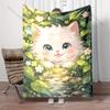 Multiple Sizes White Kitten Among Flowers Blanket Suitable for Home Bedroom Sofa Travel Camping Blanket Various Sizes for Gifts