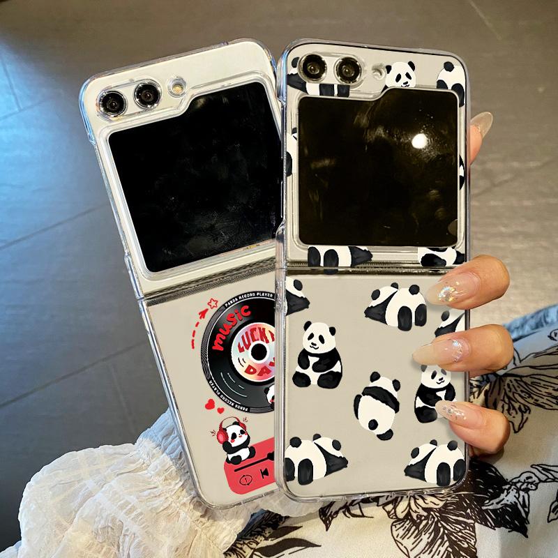 For Samsung Galaxy Z Flip 6 5 4 3 5G Cartoon Panda Pattern Clear Folding Case For Samsung Z Flip6 Flip5 Flip4 Hard Phone Cover