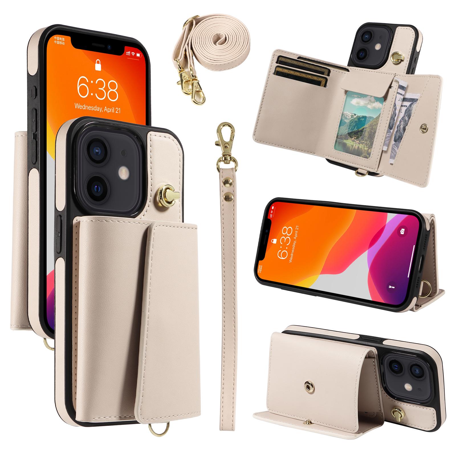 

For iPhone 12 Pro/12 Crossbody Phone Case Card Holder Kickstand Leather Coated TPU Mobile Cover Beige