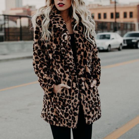 Luxury Women Long Sleeve Lapel Collar Print Woolen Leopard Thick Warm Midi Coat