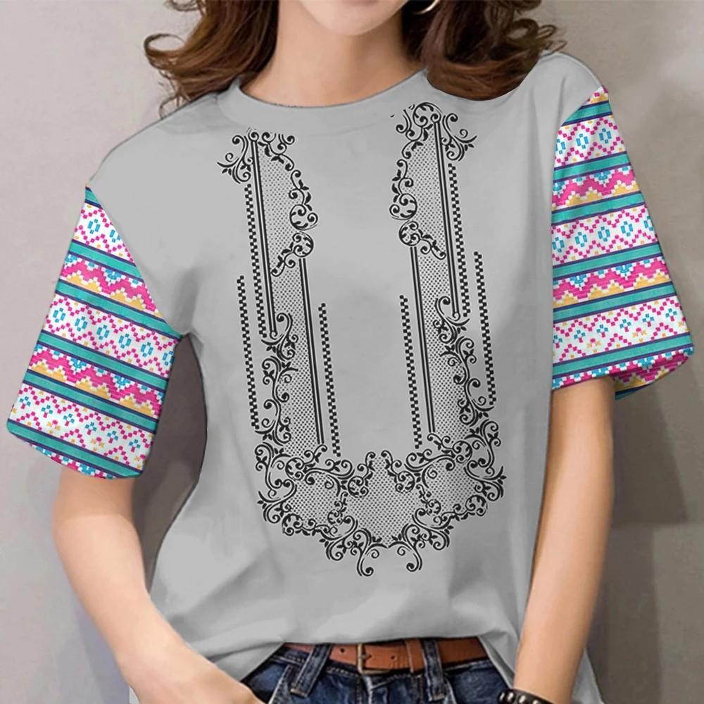 Neue ASEAN-Kleidung für Damen 2026: Ethno-Style-T-Shirt mit Rundhalsausschnitt und kurzen Ärmeln