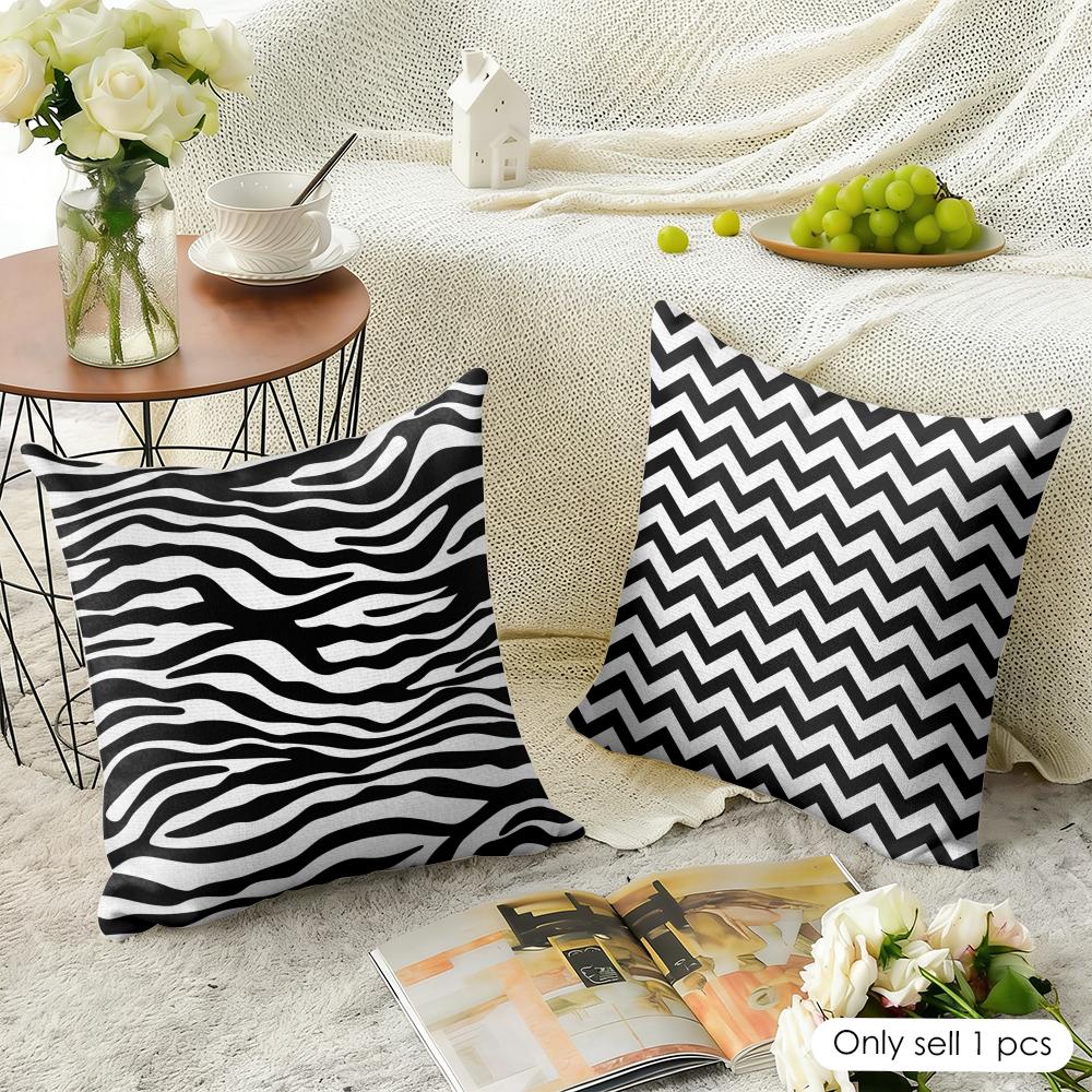 Black White Simplicity Cushion Cover Natural Linen Organic Fabric Double-Sided Printing Breathable Perfect For Home Decor