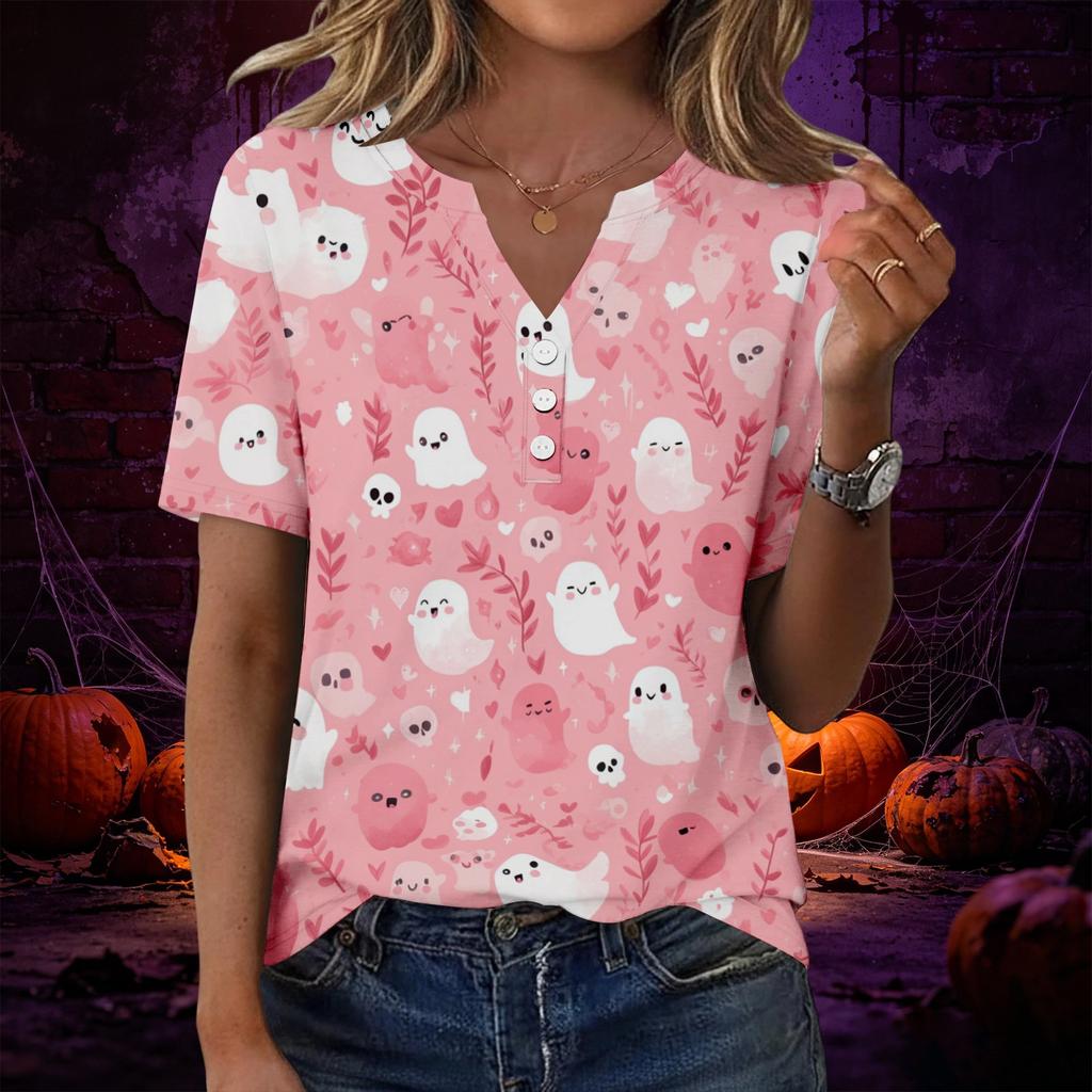 Women’s Casual Halloween Print V Neck Short Sleeve T Shirt Top with Decorative Button for Everyday Wear