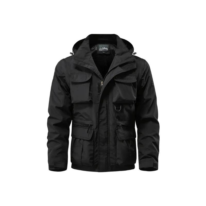 Detachable windproof sleeved hooded jacket suitable for outdoor activities men's casual waterproof multi pocket jacket vest