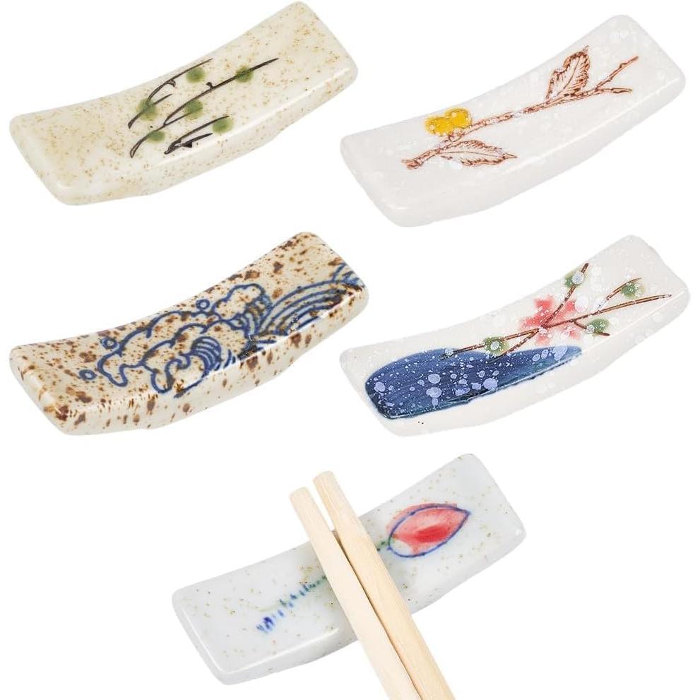Chopstick Rests, Chopstick Pillows - Stylish & Cute, Japanese Style Ceramic, Set of 5 Colorful Retro Designs, Dishwasher Safe